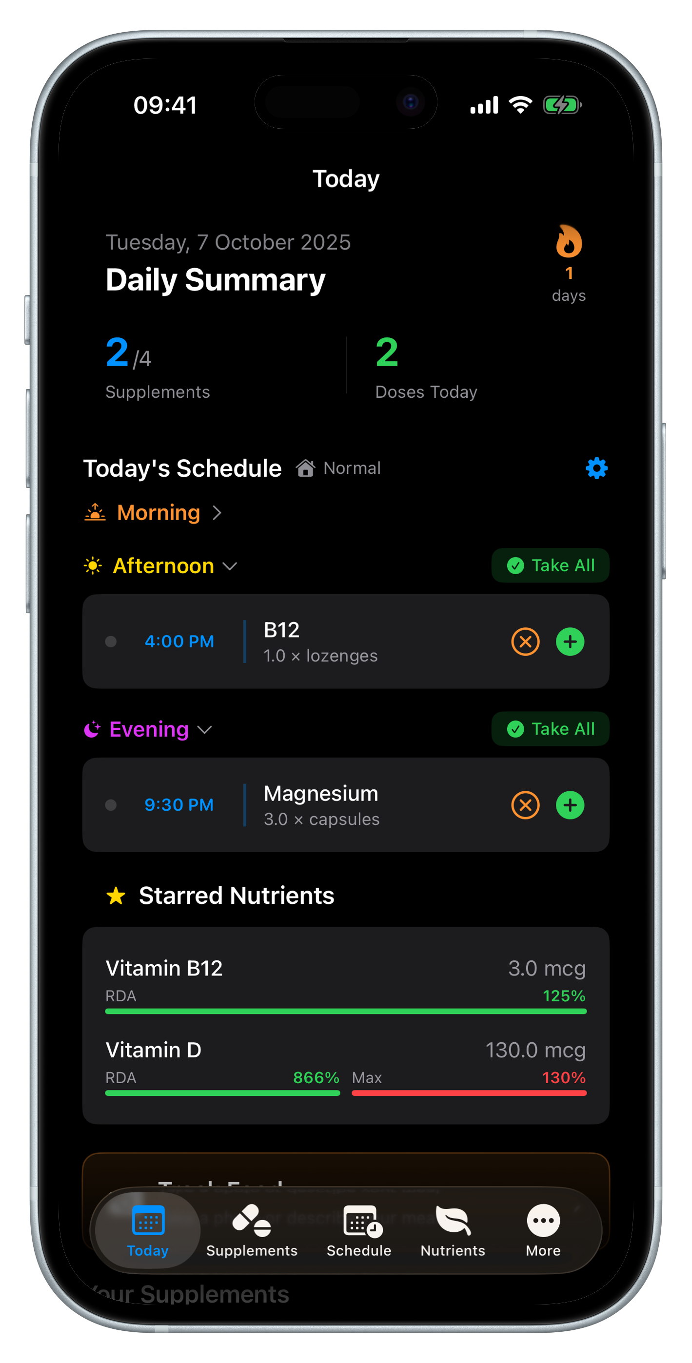 Nutri-E daily summary screen showing scheduled supplements, streak counter, and starred nutrients in dark mode