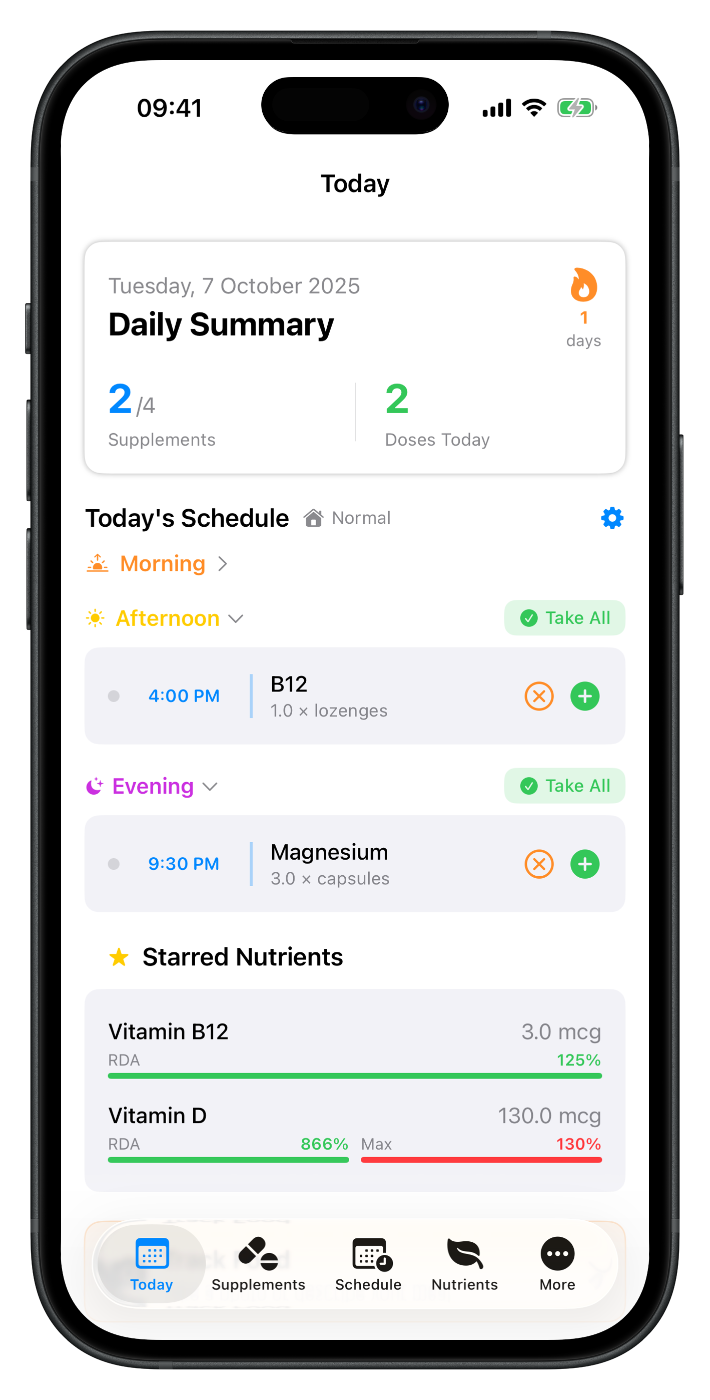 Nutri-E daily summary screen showing scheduled supplements, streak counter, and starred nutrients in light mode