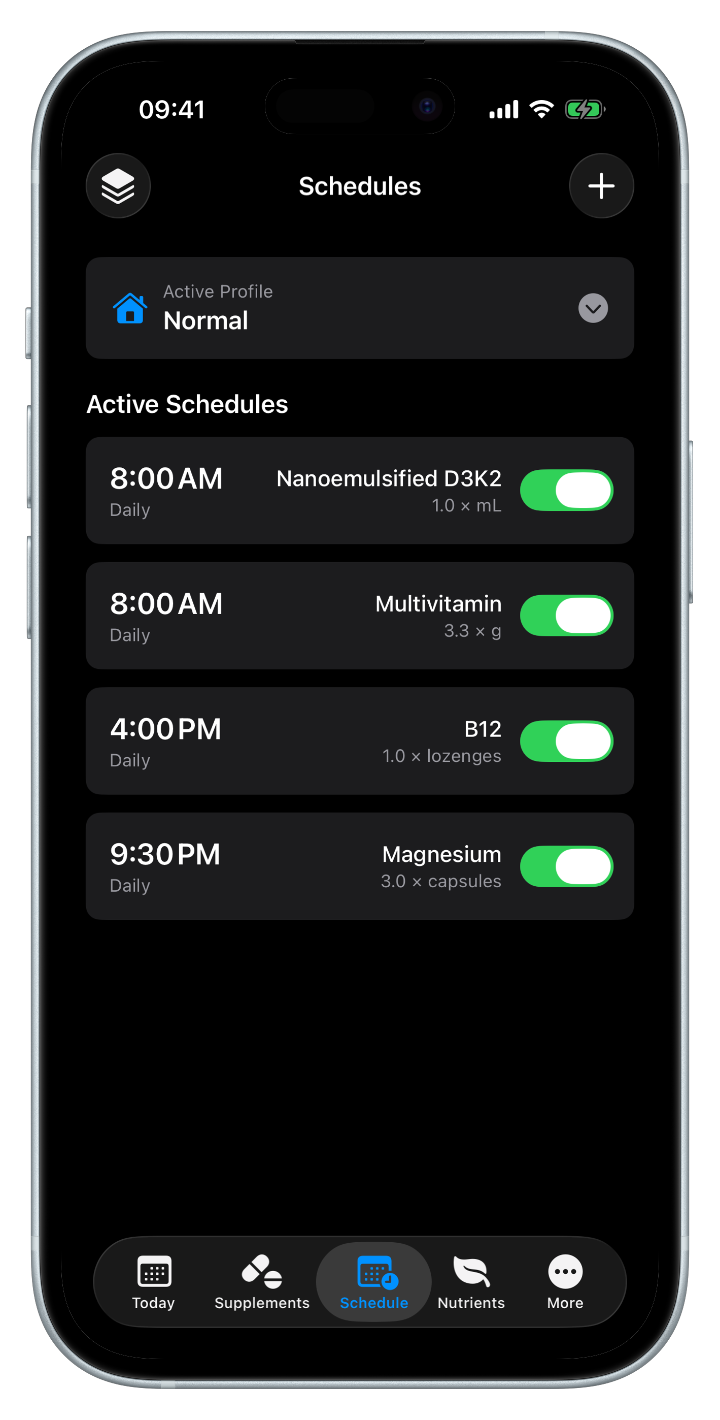 Nutri-E schedule management screen showing daily supplement reminders organized by time of day in dark mode
