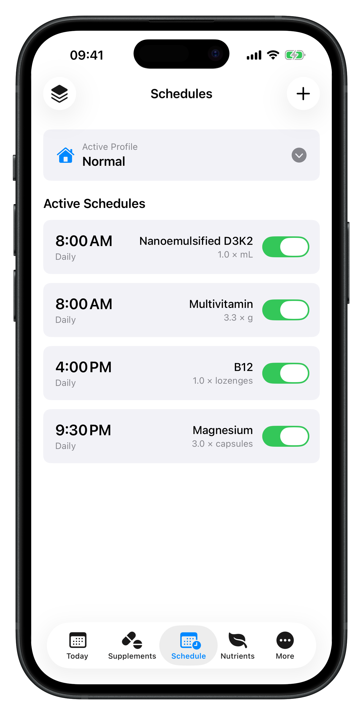 Nutri-E schedule management screen showing daily supplement reminders organized by time of day in light mode