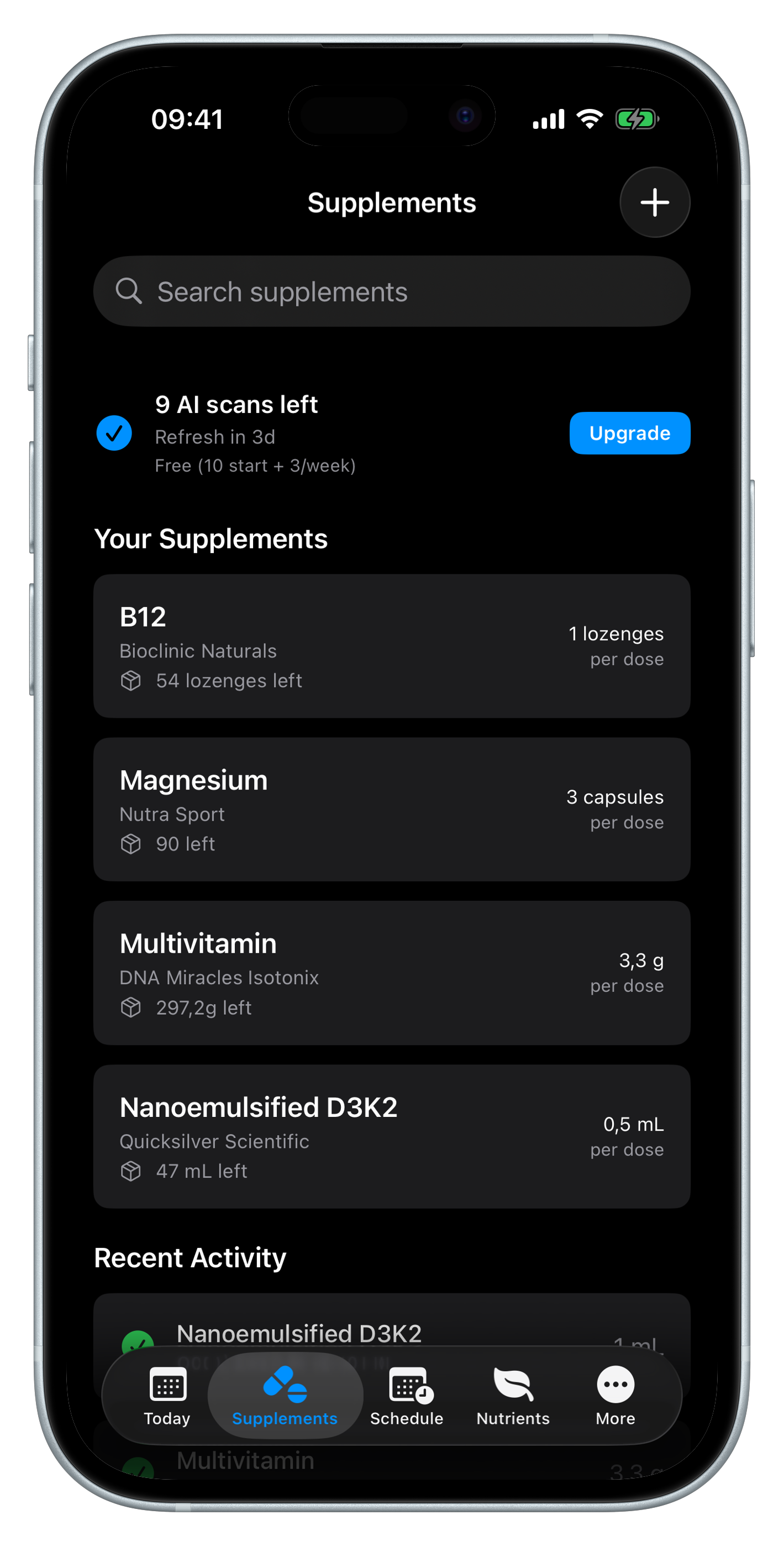 Nutri-E supplement tracking screen with list of supplements, stock levels, and AI scan counter in dark mode