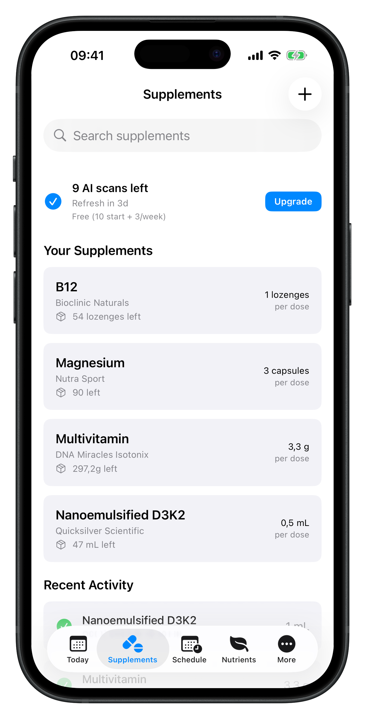 Nutri-E supplement tracking screen with list of supplements, stock levels, and AI scan counter in light mode